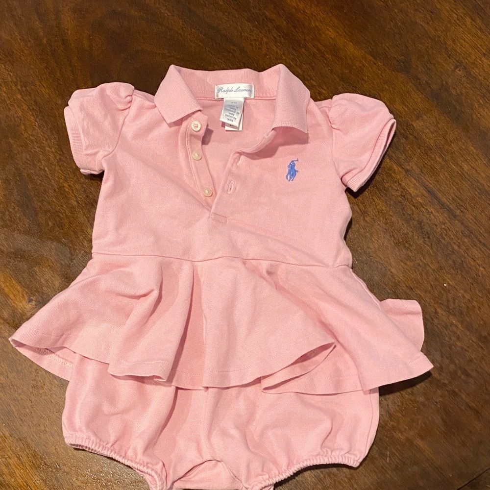 Ralph Lauren Pink Baby Romper with Blue Logo